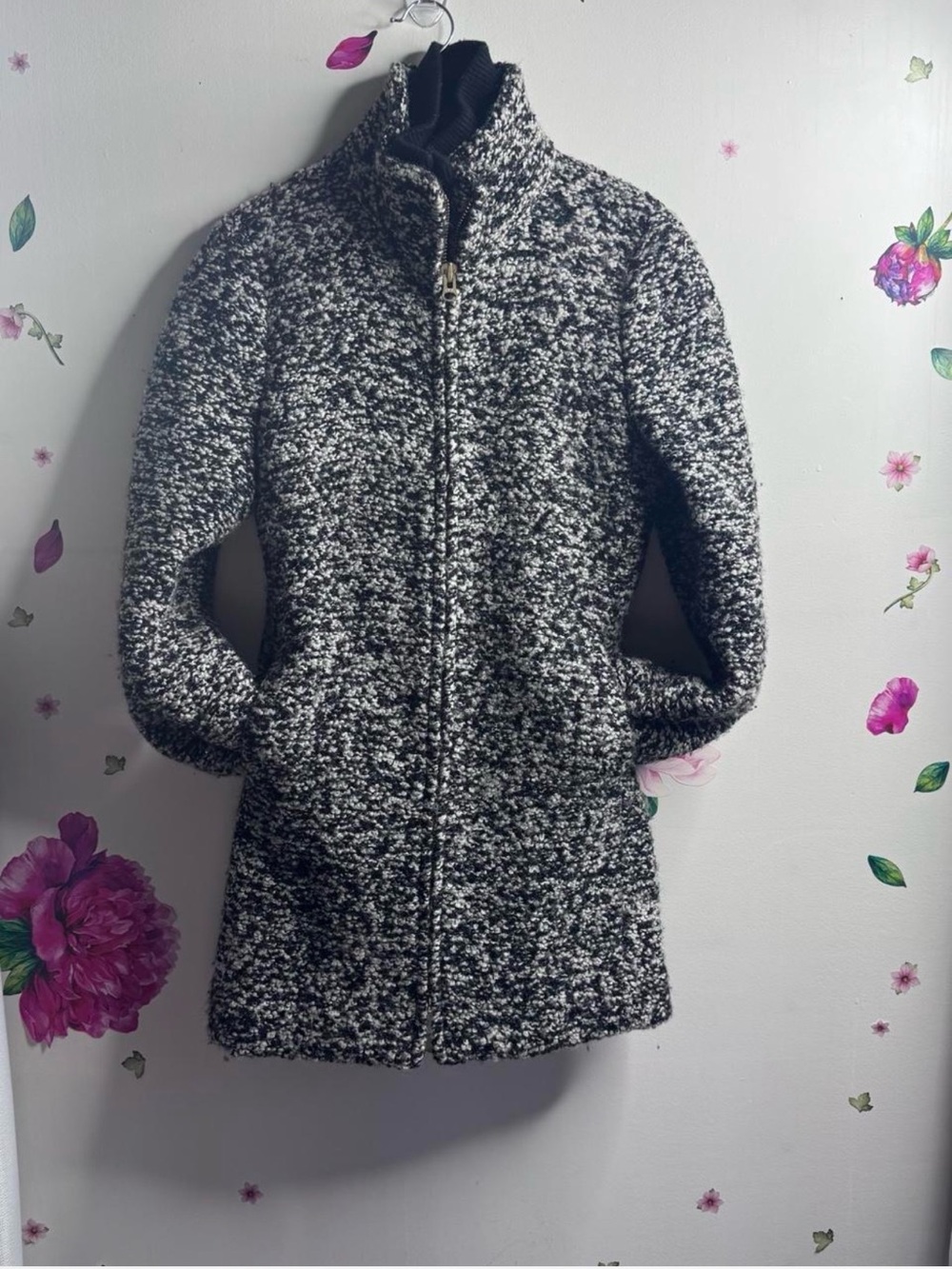 J. Crew Black and White Bouclé Zip-Front Pea Coat - Picture 1 of 7